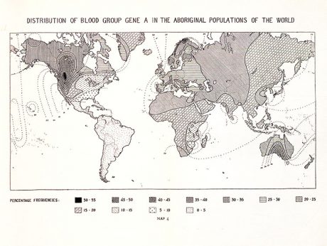 Figure 1. One of nine fold-out maps in Arthur Mourant’s The Distribution of the Human Blood Groups (1954), indicating the world frequency distribution of Rhesus blood-group allele C. In mapping the heterogeneous and patchy collections sent to the Nuffield Blood Group Centre, the workers there used shading and isolines to indicate a smooth diffusion of genetic variation.