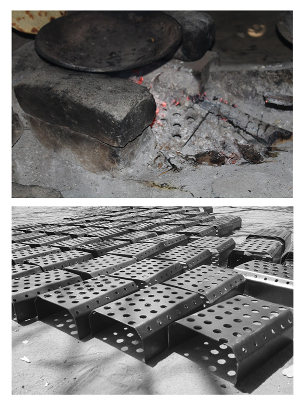 Fig. 2. The Mewar Angithi, a simple metal grate insert, is designed to improve airflow to flames to improve combustion efficiency and reduce wood usage, cooking times, and particulate emissions.