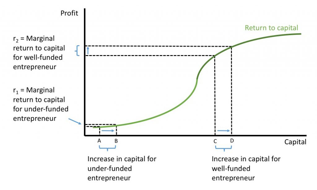 Figure 2. The Return to Capital (Case 2: Returns to Scale in Capital Investment). Entrepreneurs who start with little capital generate less additional profit than those who start with more capital.