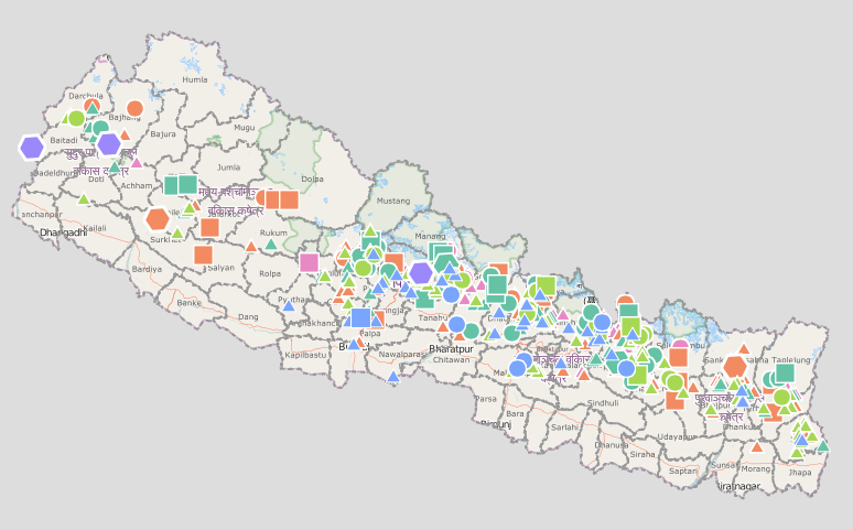 Figure 1. Small, medium, and large scale hydropower projects licensed for development in Nepal at the time of the April 2015 earthquake—micro- and mini-hydropower projects smaller than 1 megawatt are not pictured. An interactive version of this map is available at link/