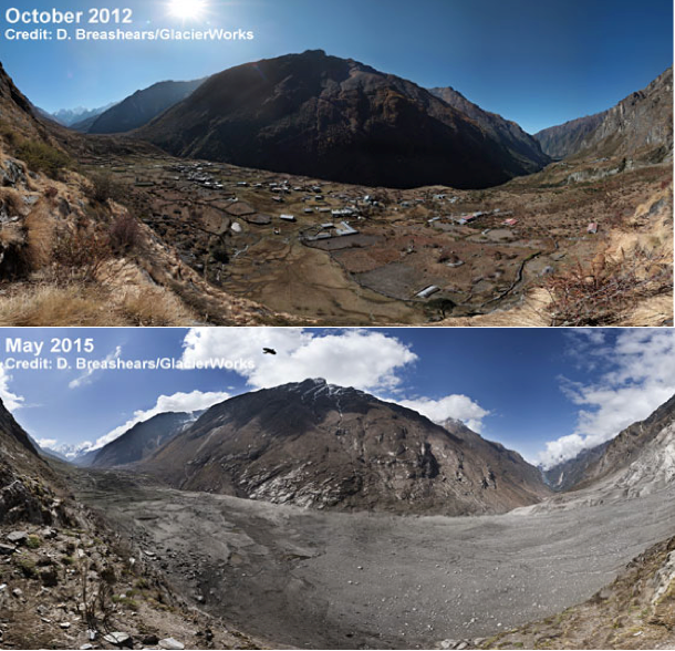 Figure 3. Langtang village, before and after the avalanche (David Breashears/Glacierworks).