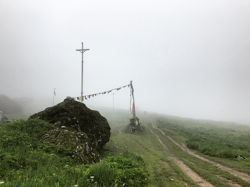 Figure 7. Transmission towers awaiting powerlines along the trail through the Langtang Valley in July 2017 (Austin Lord).