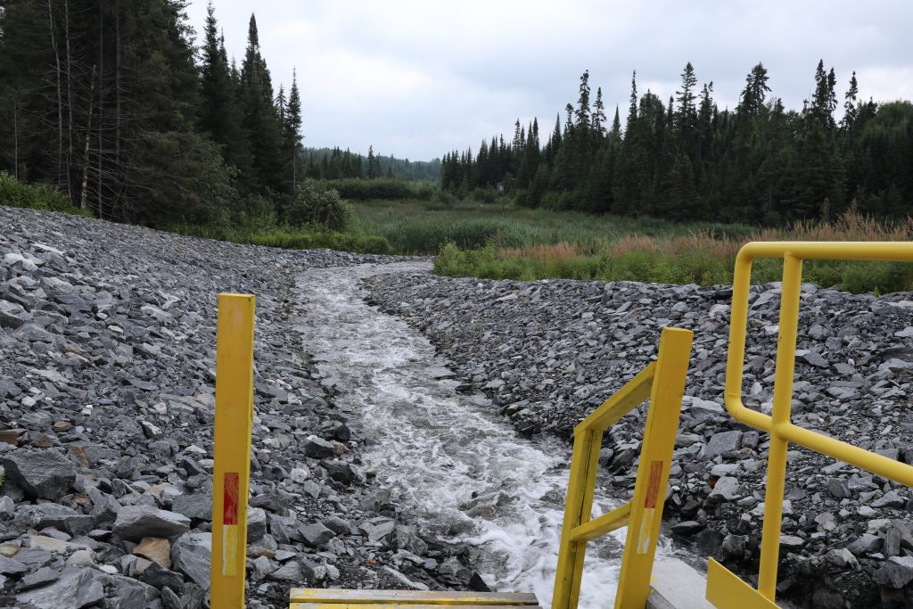 To avoid immediately killing wildlife, water from the mine must be treated to raise its pH from 2-3 to 5-6. Here treated water is released into the boreal forest. 