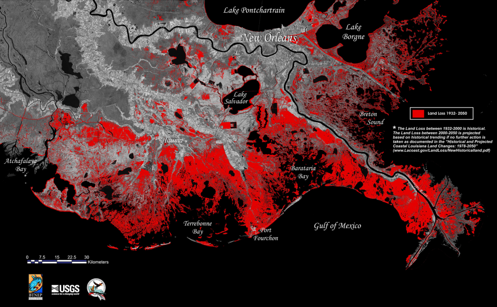 Fig. 1: Historic and projected coastal land loss in Louisiana, 1932-2050.
