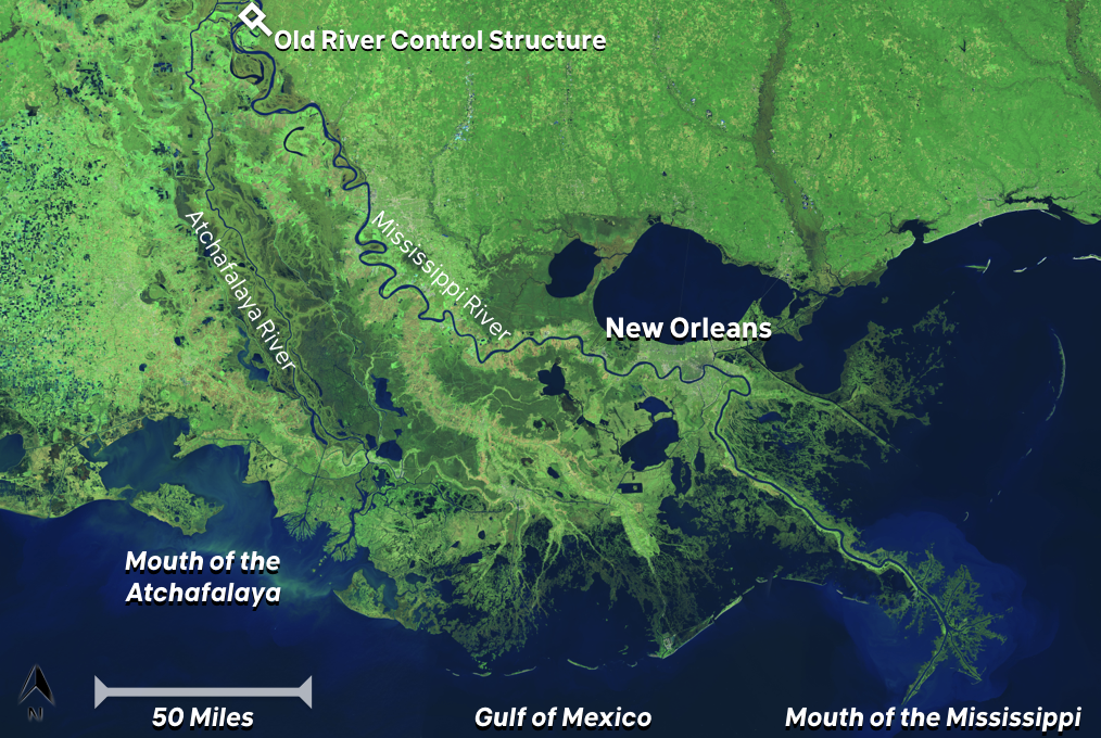 Figure 2: The Mississippi and Atchafalaya Rivers, and the Old River Control Structure