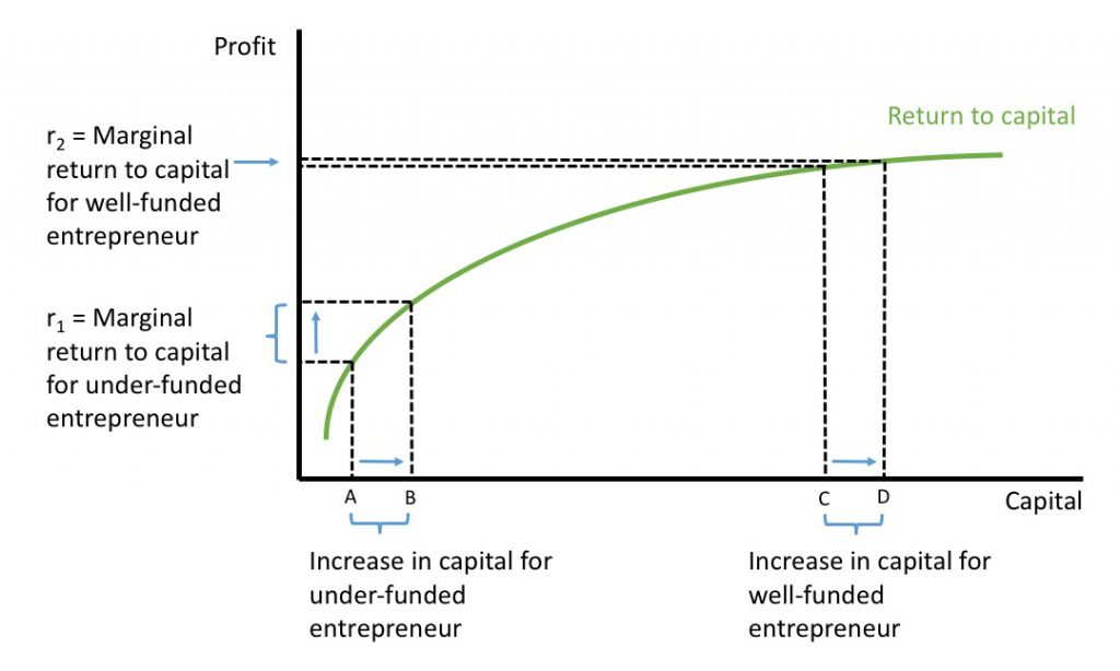 Рисунок 1. Доходность капитала (пример 1: убывающая предельная доходность капитала). Предприниматели, начинающие с малого капитала, получают гораздо больше дополнительной прибыли, чем те, кто начинает с большего капитала.