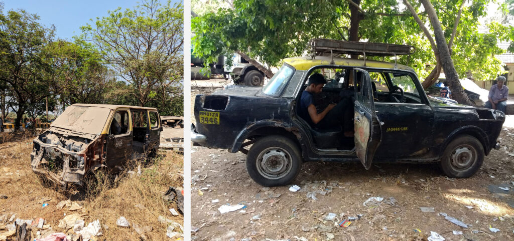 LEFT: Khatara/kabara cars in a makeshift junkyard. RIGHT: Shade for people waiting for appointments at the Regional Transport Office.