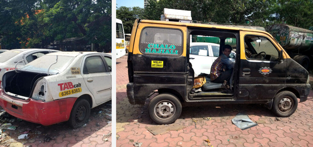 LEFT: Chalo Haji Ali on a taxi window promises travel to a major tourist spot. RIGHT: Dustbin in the trunk of a fleet taxi. The surroundings have also become a place for garbage.