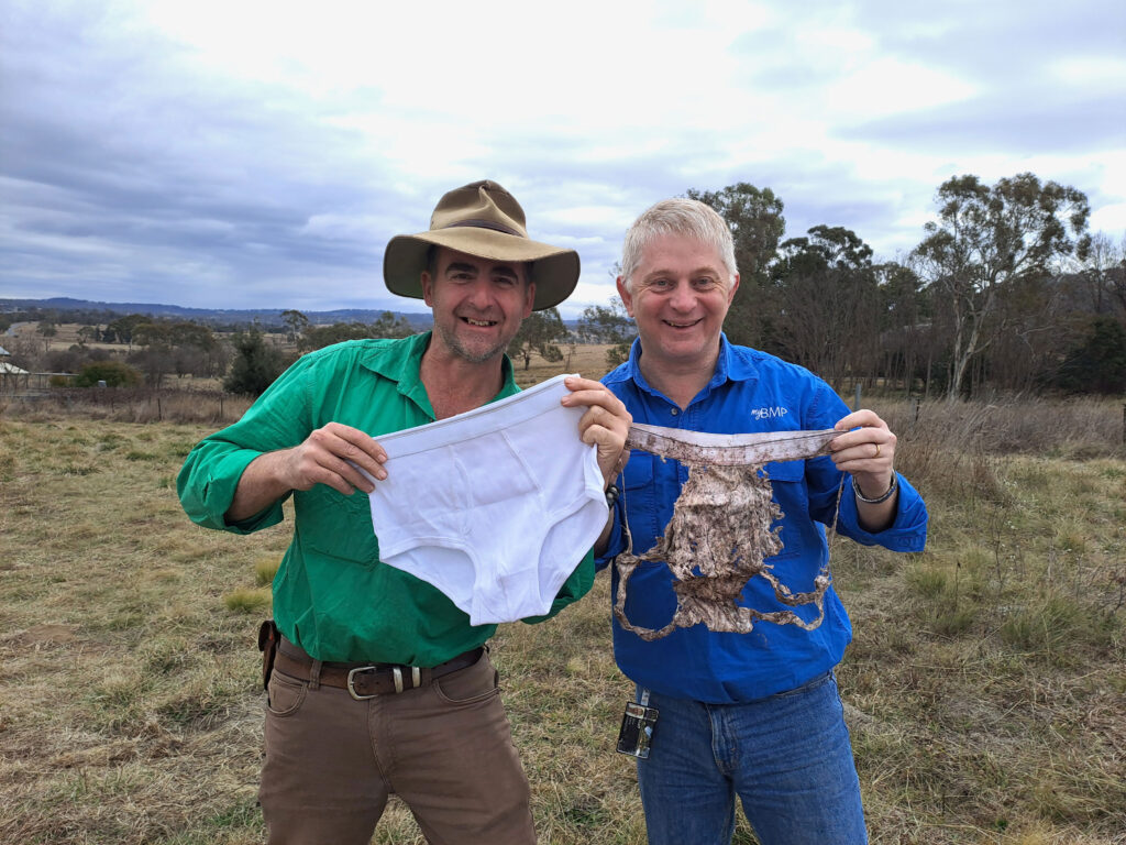 Dr. Oliver Knox (right), soil scientist and Soil My Undies campaign champion, holds up a pair of unearthed undies alongside Tim Thompson (left), agriculturalist and educator