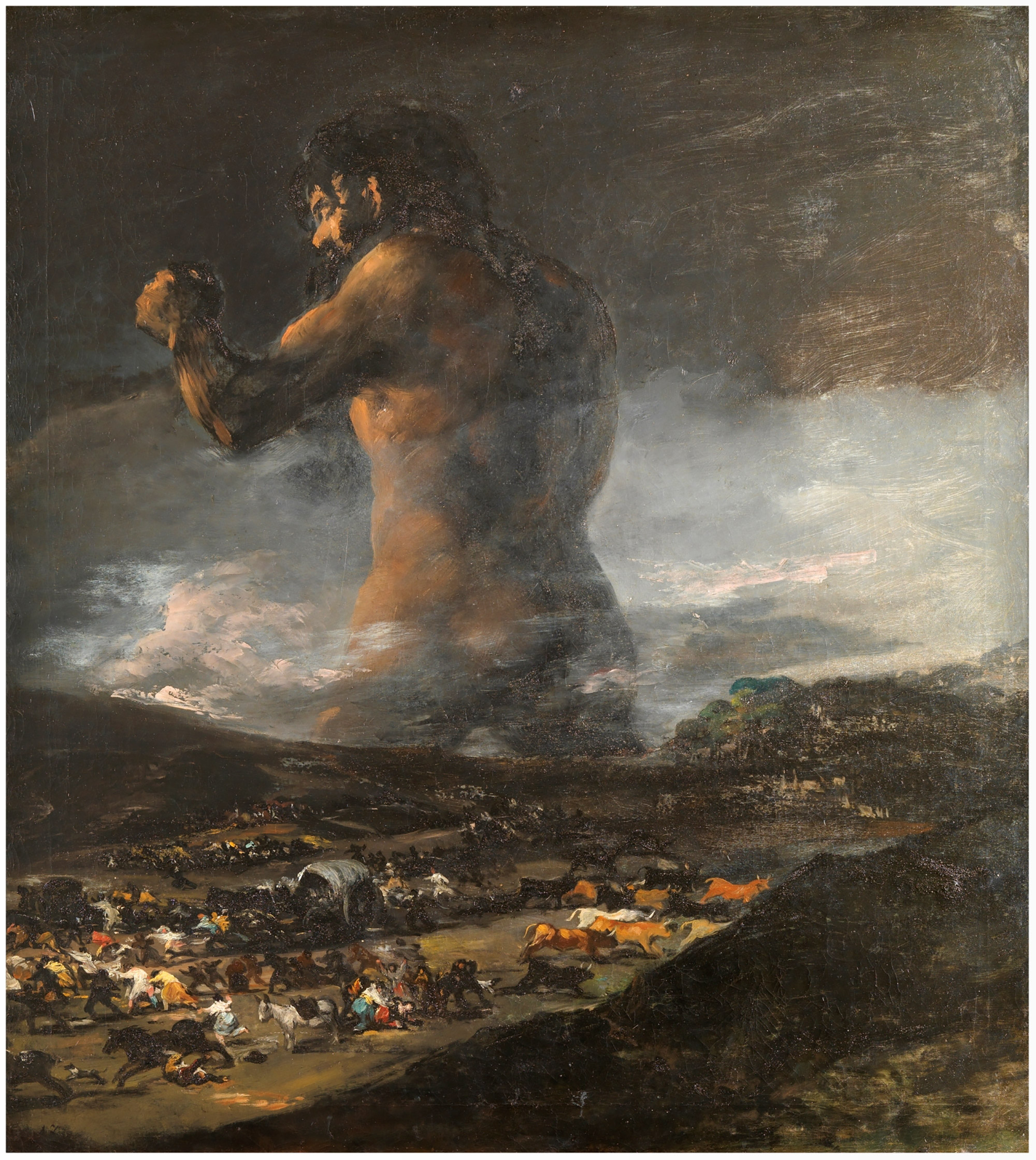 The Colossus Painting, oil painting of a giant standing over a field of people and horses