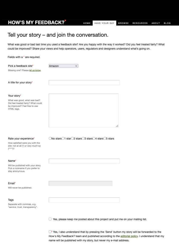 Review form for Where's My Feedback